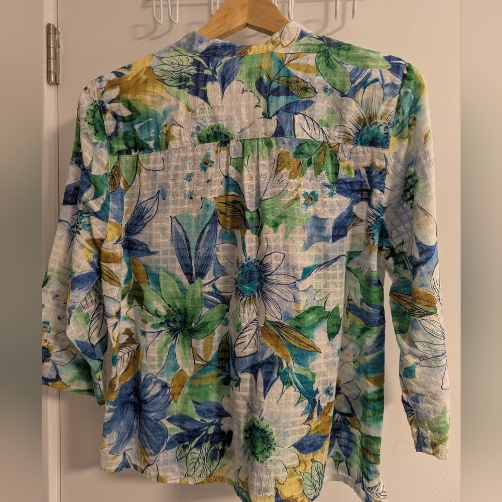 Alfred Dunner Blue Green Floral Blouse 100% Cotton - Picture 3 of 7